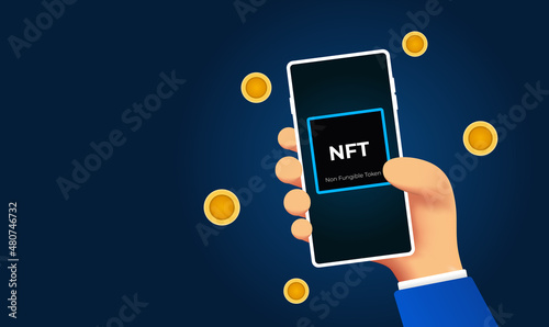 NFT in phone concept. Concept of non fungible token. Cartoon Hand holding a phone with Text NFT.
