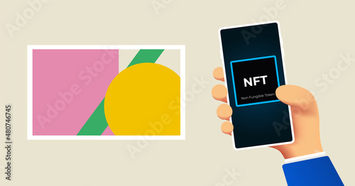 NFT in phone concept. Concept of non fungible token. Cartoon Hand holding a phone with Text NFT. Abstraction arts Crypto currency finance concept
