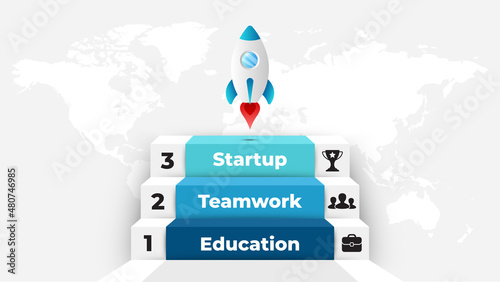 Success infographic. Rocket launch. Business presentation slide template. Diagram chart with 3 steps, options, processes. 