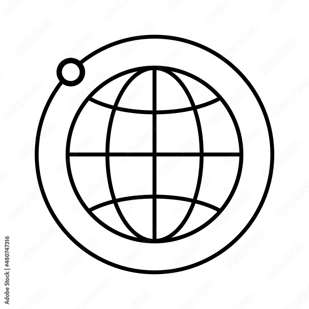 Planet satellite line icon. Moon or satellite on its orbit around globe. Vector Illustration
