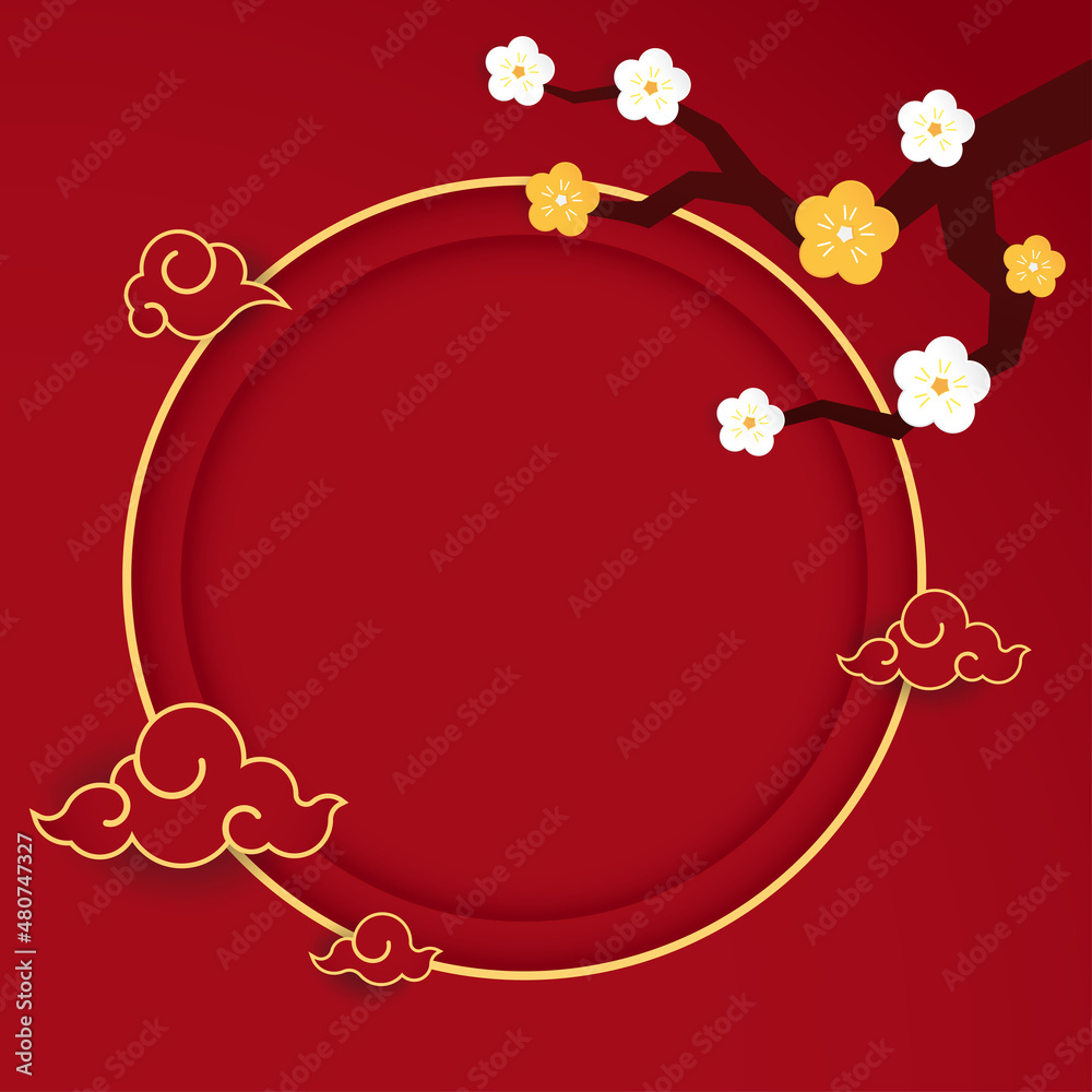 Happy Chinese new year 2022. Chinese new year banner with circle for show product. Greeting card. China frame with lantern on red background. Happy Chinese new year 2022. Chinese new year banner with circle for show product. Greeting card. China frame with lantern on red background.
