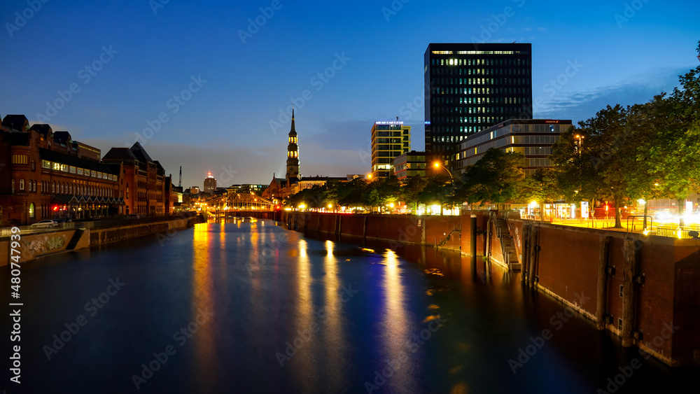view of Speicherstadt in Hamburg at night