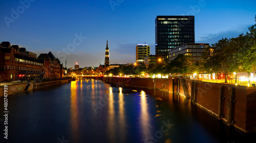 view of Speicherstadt in Hamburg at night
