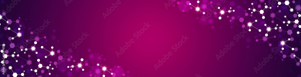Technology background frame. Design of hexagons, cells connected by lines. Neon glow, stars. Digital network. Plexus of molecules. Chemical science. Banner social networks, websites, medicine. Vector