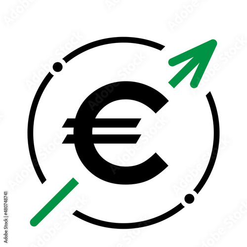 Cost symbol euro increase icon. Income vector symbol isolated on background