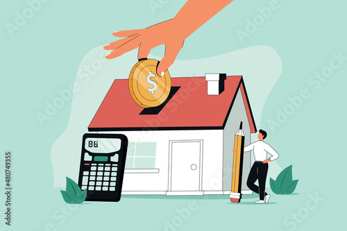 House mortgage calculation, residential budget, insurance or cost and expense, real estate investment or home decoration money concept, businessman agent or broker holding pencil with house calculator