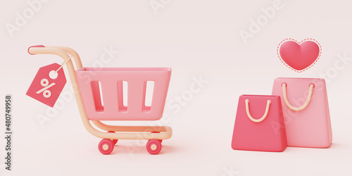 Photo 3d render of pink shopping cart with shopping bag and hart float on pastel background,valentine's day sale concept,minimal style
