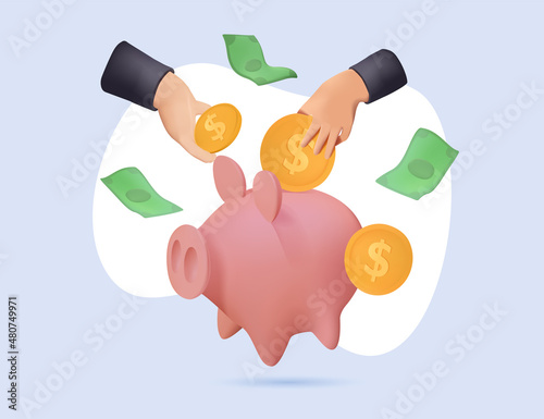 Money Piggy bank creative business concept. Realistic 3d design. Pink pig, Human Hand keeps throws and gold coins.
