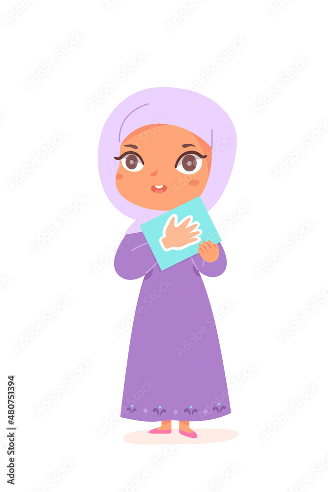 Kid studying human body in anatomy lesson, muslim girl in hijab holding card with hand Kid studying human body in anatomy lesson, muslim girl in hijab holding card with hand