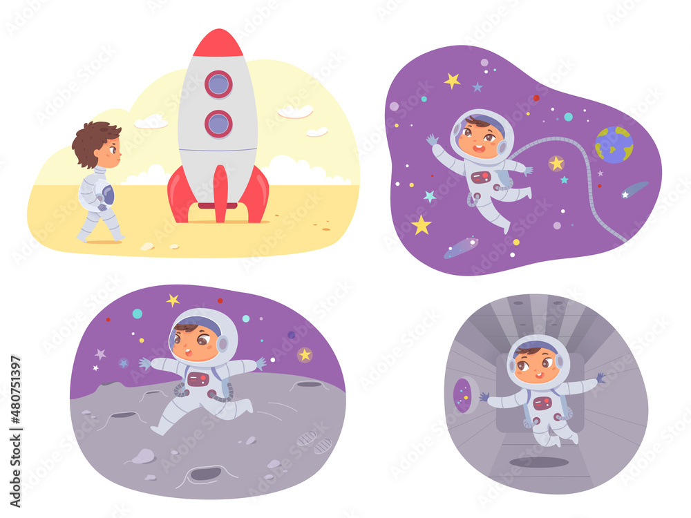 Kids astronaut, rocket and space adventure in universe set, spaceman in spacesuit costume Kids astronaut, rocket and space adventure in universe set, spaceman in spacesuit costume