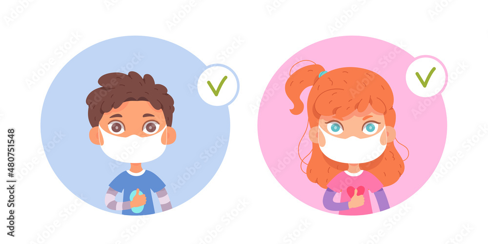 Kids wear medical face mask in correct way, instructions for boy and girl protect health Kids wear medical face mask in correct way, instructions for boy and girl protect health