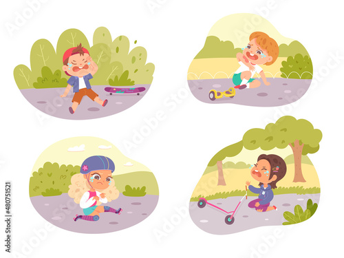 Falling accident with unhappy crying kids set, child with injury sitting on road of park