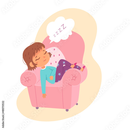 Kid sleeping in armchair at home, child in pajamas lying on soft chair with pillow