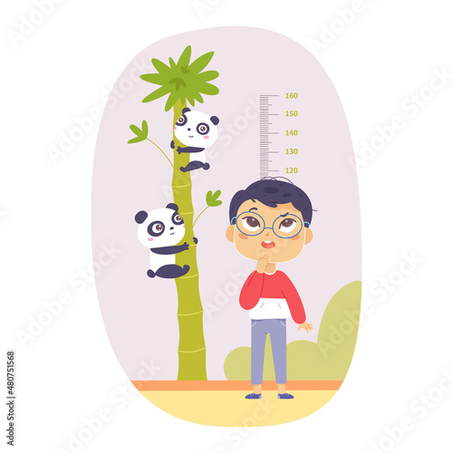 Boy measuring height, kid with glasses standing near tall tree with funny pandas