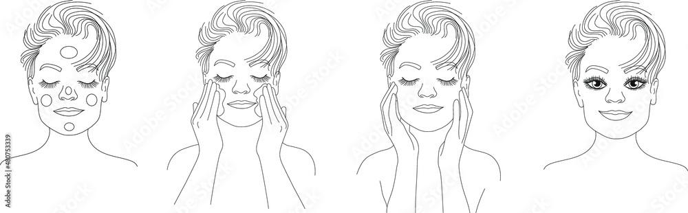 A woman applies cream to her face. Instructions for sunscreen.Vector linear illustration. A woman applies cream to her face. Instructions for sunscreen.Vector linear illustration.