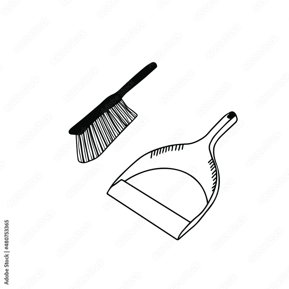 Doodle vector hand drawn dustpan scoop and brush for cleaning.  Sweep up, housekeeping utensil, garbage, washing floor, cleaning service, tidy. Design element isolated for typography and digital use.