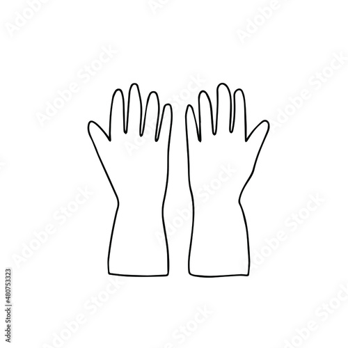 Doodle vector hand drawn latex gloves for cleaning, medical and housework. Cleaning tools, disinfection, cleaner, gardening, hygiene. Design element for typography and digital use.