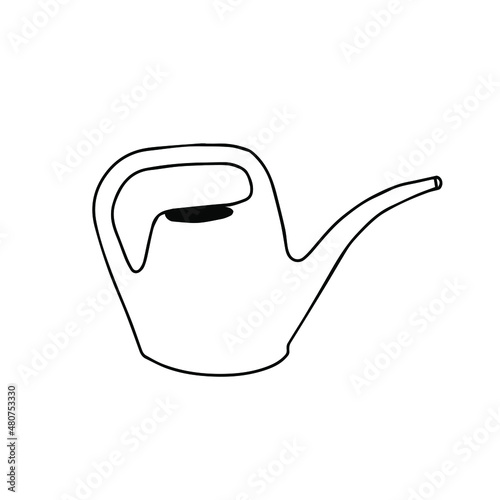 Doodle vector hand drawn cute plastic watering can. Gardening, spring, houseplants, growth, botanical, flowerpot. Design element for typography and digital use.