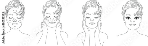A woman applies cream to her face. Instructions for sunscreen.Vector linear illustration.