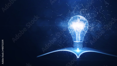 Learning from books or textbooks and the Internet brings new ideas. polygons connected around A glowing light bulb with a book on the bottom stands out on the right. dark blue background. 3D rendering