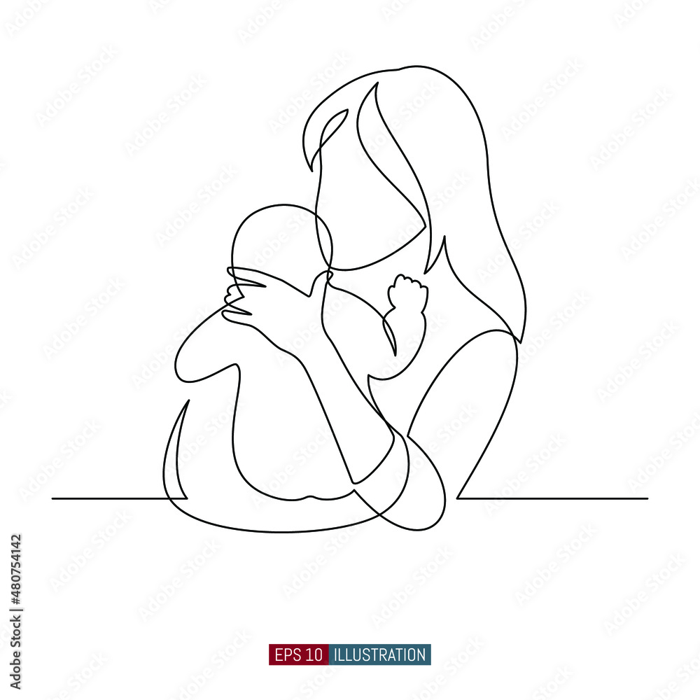 Continuous line drawing of mother and child. Abstract mom and baby silhouette. Template for your design. Vector illustration.