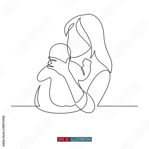 Continuous line drawing of mother and child. Abstract mom and baby silhouette. Template for your design. Vector illustration.
