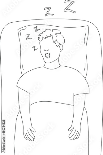 The man is sleeping in bed. Insomnia Vector linear illustration.