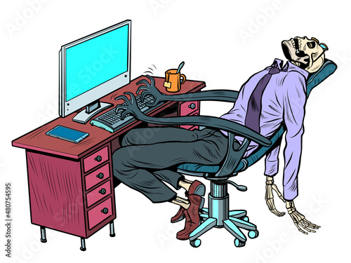 The businessman died in the office, but the robot chair continues to work for him on the computer