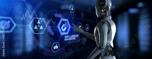 Influence marketing influencer social media concept. Robot pressing virtual button 3d render illustration. photo