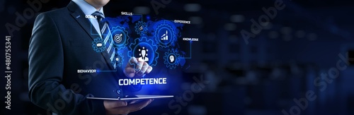 Competence skills business and personal development concept. Businessman pressing button on screen.