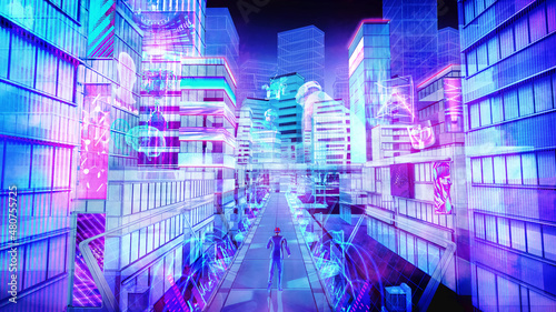 High angle view on man walk on the digital bridge to futuristic metaverse smart city ,  blue and violet color tone , 3d rendering picture . photo