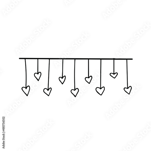 Doodle vector hand drawn heart border. Hearts garland hanging on a string for Valentine's Day, holidays, birthday. Wedding invitation, interior decor. Design element isolated on a white background.