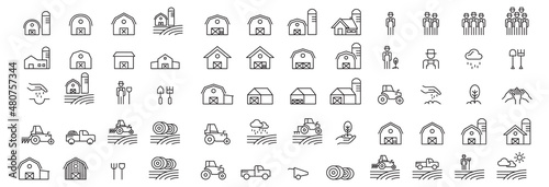 Barn Line Icons Set Vector Illustration , Farmer And Village Farm