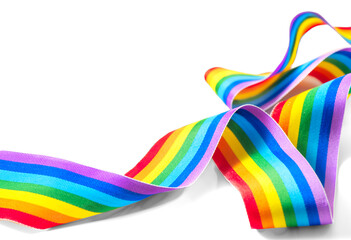 Colorful rainbow ribbon border design. LGBT colourful corner design, isolated on white background. Gay pride design. Curly, waving ribbon or banner with flag of LGBTQ pride border