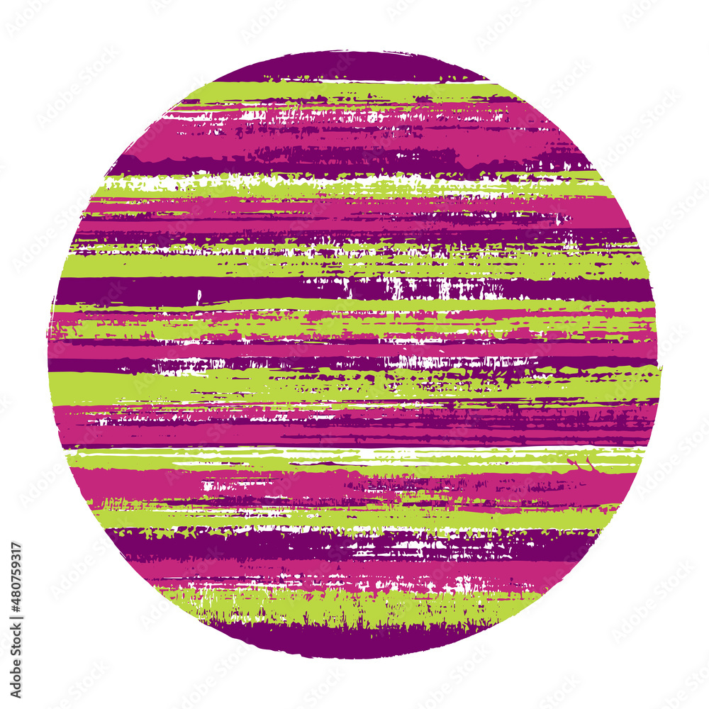 Modern circle vector geometric shape with striped texture of paint horizontal lines. Disc banner with old paint texture. Emblem round shape logotype circle with grunge background of stripes.
