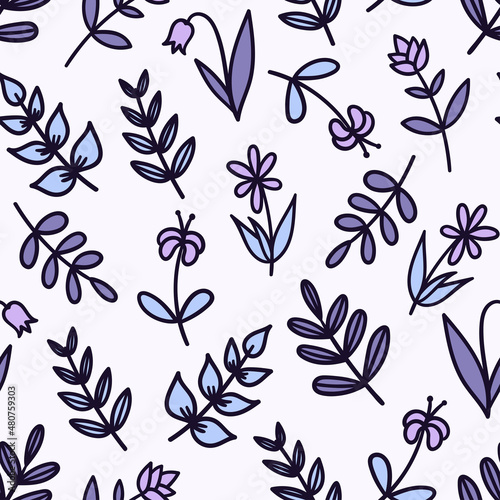 floral vector seamless pattern with hand-drawn doodle flowers and branches isolated on a violet background. can be used as wallpaper, background, design of packaging paper, textiles, notebooks