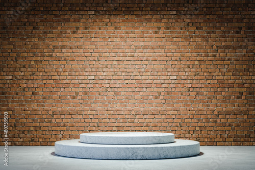 Fototapeta Naklejka Na Ścianę i Meble -  Cylindrical stage for product presentation with bricks wall. 3d render