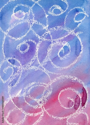Bright gradient pink-lilac watercolor background with light white spiral strokes, banner