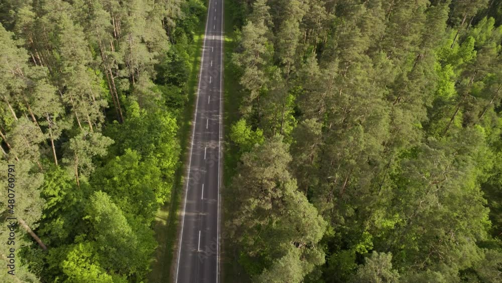 Aerial descending shot over the empty forest road during the covid-19 pandemic in Europe