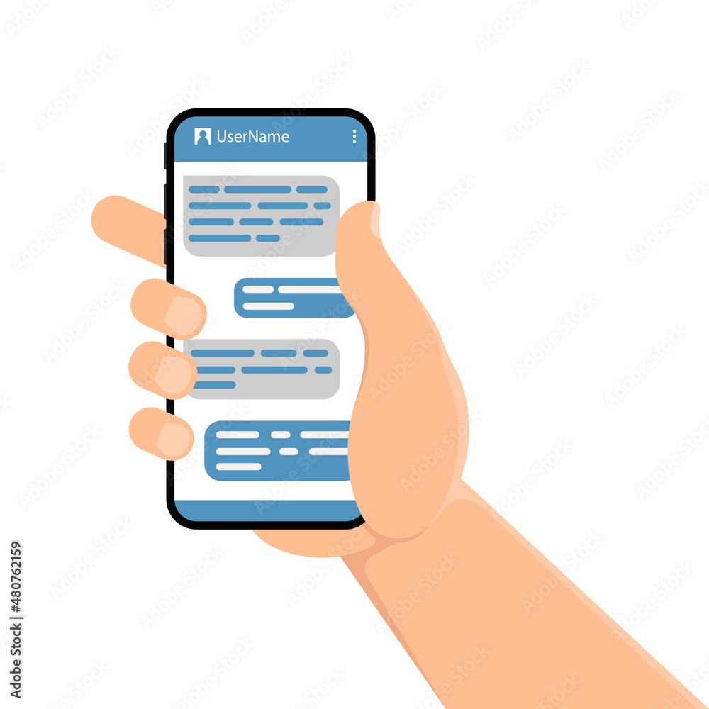 Male hand holding smartphone with message chart on screen. Vector illustration. Male hand holding smartphone with message chart on screen. Vector illustration.