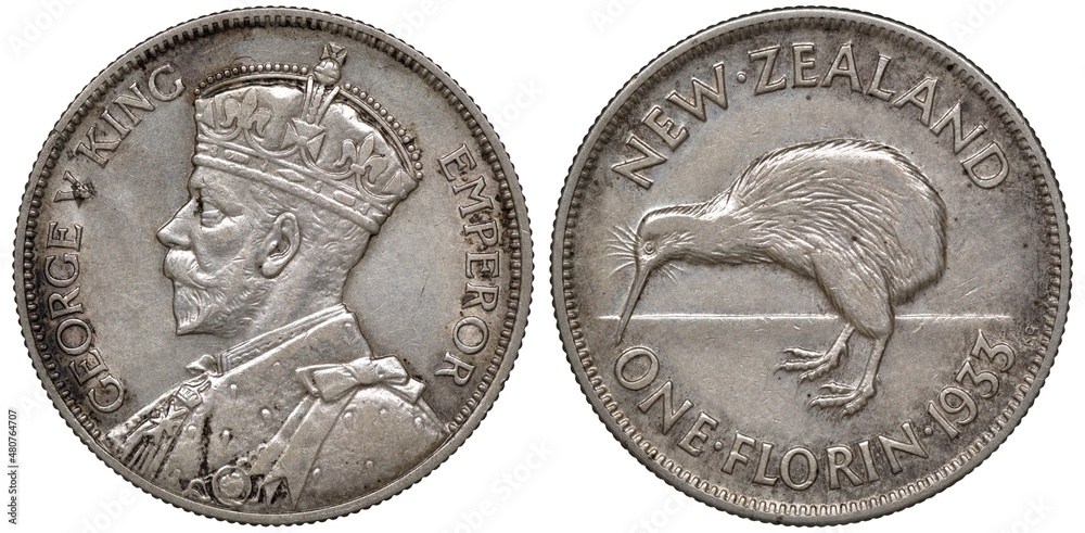 New Zealand silver coin 1 one florin 1933, bust of King George V left, kiwi bird,  - obrazy, fototapety, plakaty 