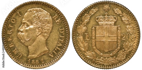 Italy Italian golden coin 20 twenty lire 1882, head of King Umberto I left, coat of arms, crowned Savoy shield surrounded by chain divides denomination all within wreath,