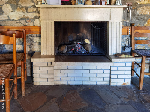fireplace marbles open traditional in greece with fire