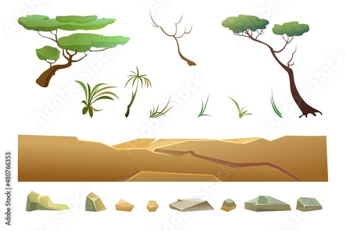 Set of trees and plants. Stones, cliffs and rocks. Landscape of southern countryside. Cool cartoon style. Isolated on white background. Vector
