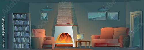 Living room interior with armchair and sofa. Night time and darkness. Fire burns orange. Cozy room with furniture, paintings and bookshelves. Glass door. Nice cartoon style design. Vector