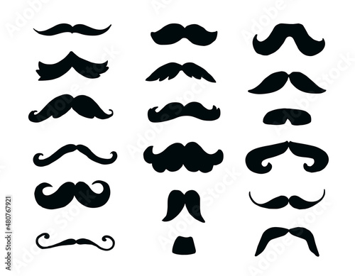 Set of black mustache icons on white background .Vector illustration.Hand made, curved lines.