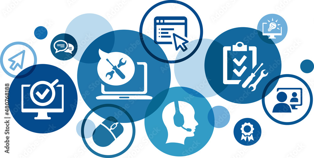 IT support vector illustration. Blue concept with icons related to IT helpdesk, hotline or helpline, remote or online tech support, technical assistance, specialist software support & service. - obrazy, fototapety, plakaty 