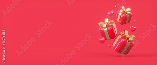 Gift boxes with hearts composition. Valentine's Day banner. 3d rendering illustration.