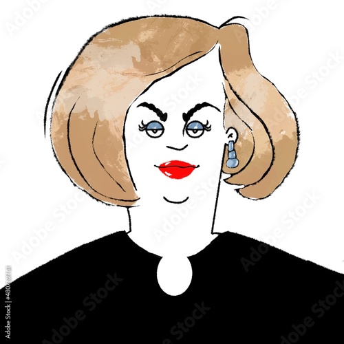 hand drawn caricature portrait of middle aged woman with short hair style isolated on white