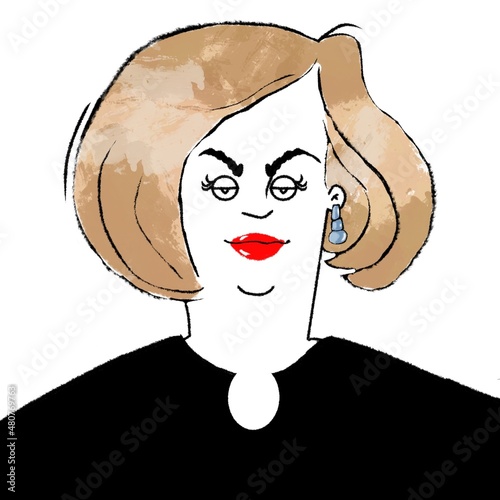 hand drawn caricature portrait of middle aged woman with short hair style isolated on white